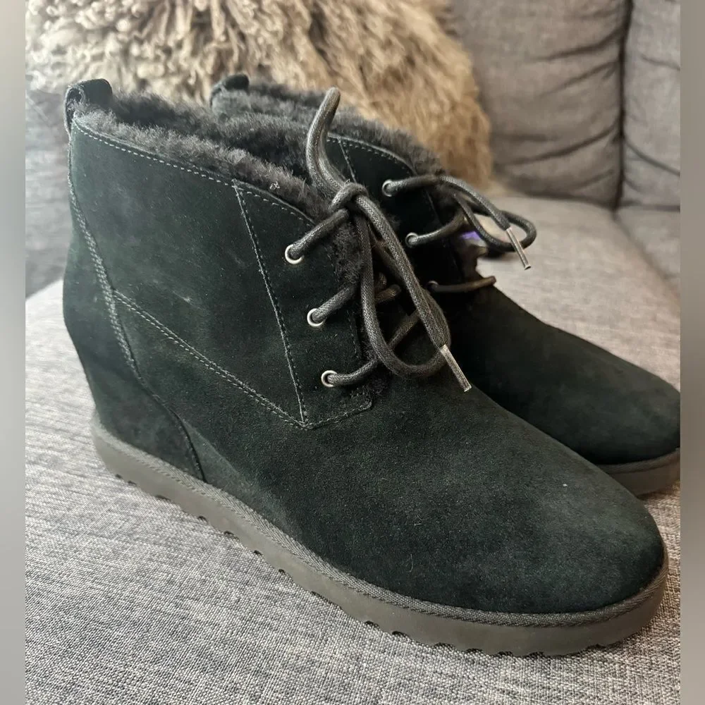 UGG CLASSIC MINI FEMME LACE BOOTIE BLACK WEDGE BOOTS US 12 / EU 43 / UK 10